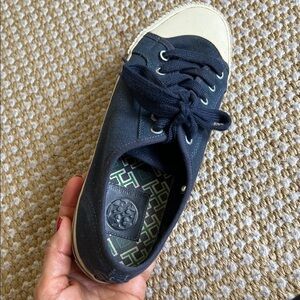 Tory Burch Navy Blue Canvas Logo Heel Slip-On Sneaker. 
Original price $250